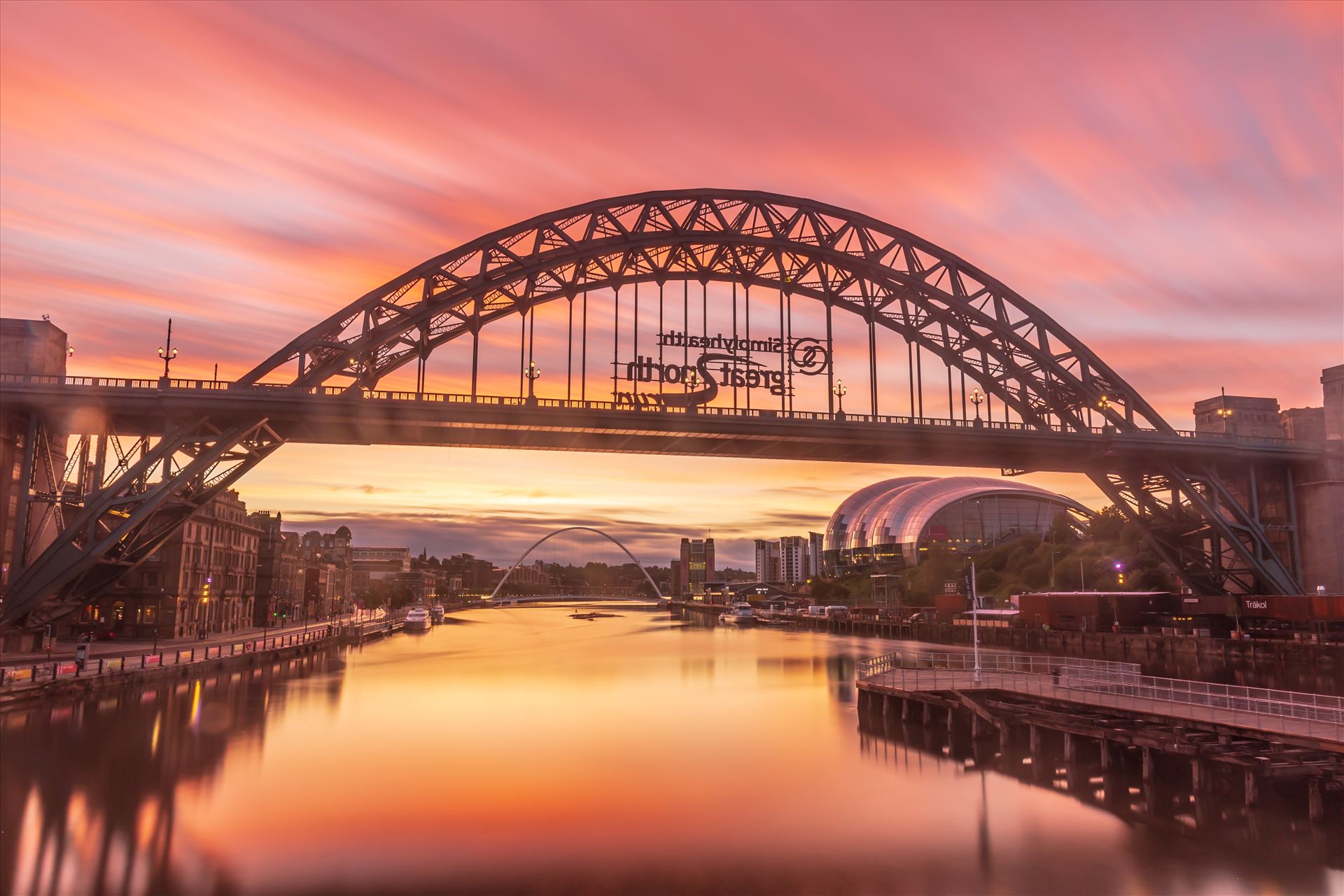 Sunrise on the Tyne bridge, NewcastleThe exposure time on this one was 195 seconds to create the streaking effect in the clouds.