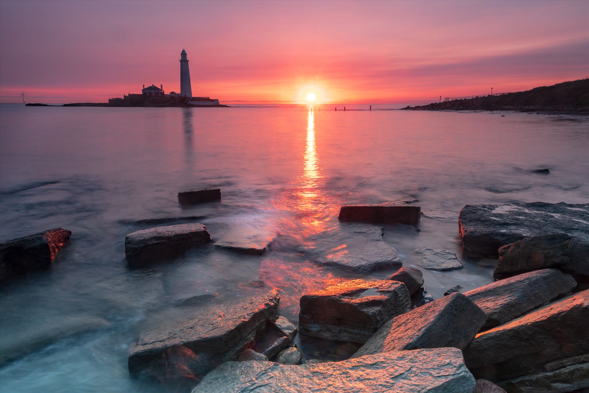 Sunrise at St Mary`s lighthouse & island, Whitley Bay 001 -  by philreay