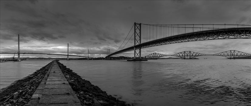 This panoramic shot shows the 3 bridges spanning the Firth of Forth nr Edinburgh.